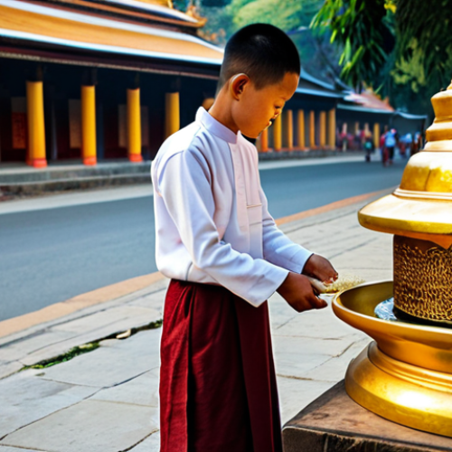 A respectful Myanmar local, dressed in a traditional longyi and modest top, gently offering sticky rice into the alms bowl of a young Buddhist monk. Early morning light illuminates a golden pagoda in the background, with other local people reverently observing. The scene is set on a clean, quiet street in an ancient city. Professional photography, vivid colors, natural lighting, high detail, well-formed hands, proper finger count, natural body proportions, safe for work, appropriate content, fully clothed, modest clothing, appropriate attire, family-friendly, perfect anatomy, correct proportions, natural pose.