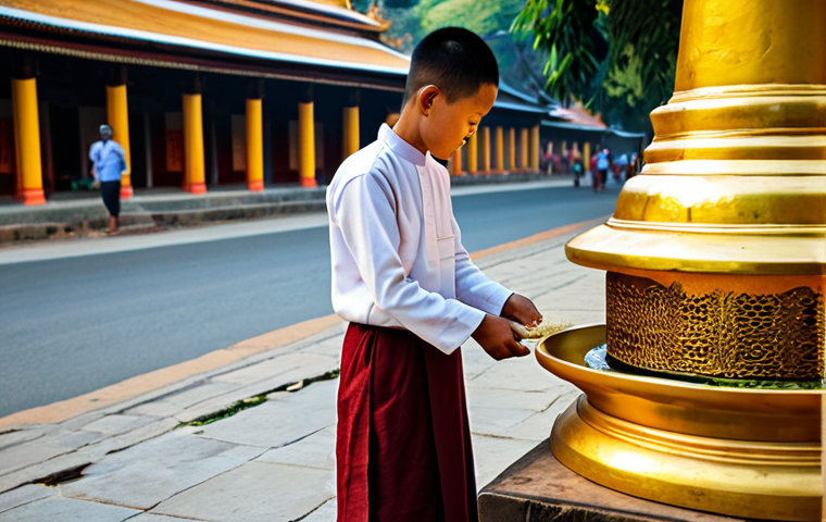 A respectful Myanmar local, dressed in a traditional longyi and modest top, gently offering sticky rice into the alms bowl of a young Buddhist monk. Early morning light illuminates a golden pagoda in the background, with other local people reverently observing. The scene is set on a clean, quiet street in an ancient city. Professional photography, vivid colors, natural lighting, high detail, well-formed hands, proper finger count, natural body proportions, safe for work, appropriate content, fully clothed, modest clothing, appropriate attire, family-friendly, perfect anatomy, correct proportions, natural pose.