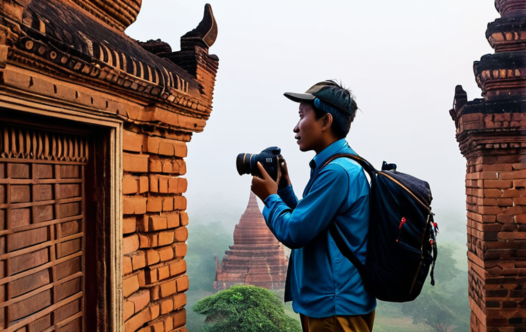 Bagan Temple Exploration**
"A professional photographer capturing the ancient temples of Bagan at dawn, Myanmar. Soft, warm light illuminates the brick structures. The photographer is fully clothed in modest travel attire, with a camera and backpack. Gentle mist hangs in the air. Safe for work, appropriate content, perfect anatomy, natural pose, professional, family-friendly, high-quality."
**