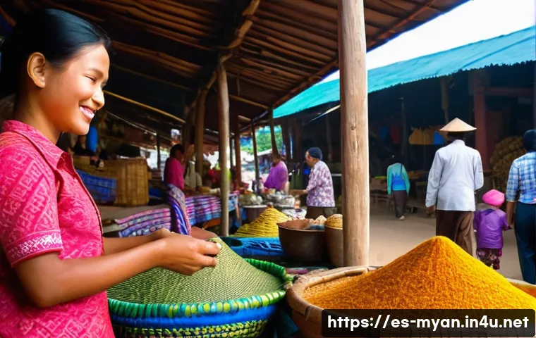 미얀마 현지 시장 쇼핑 주의사항 - **Prompt 1: Friendly Bargaining in a Vibrant Burmese Market**
    "A wide-angle shot capturing a liv...