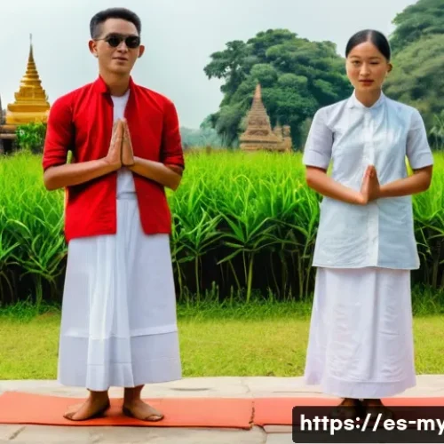 미얀마 현지 주의해야 할 풍습 - A respectful Myanmar traditional greeting scene: two adults, a man and a woman wearing modest clothi...