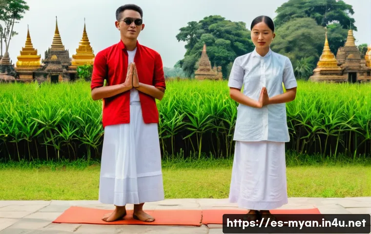 미얀마 현지 주의해야 할 풍습 - A respectful Myanmar traditional greeting scene: two adults, a man and a woman wearing modest clothi...