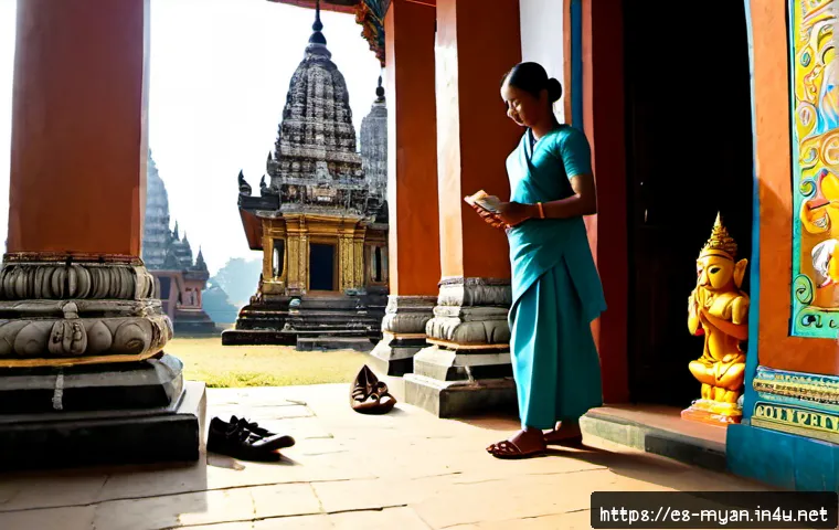 미얀마 힌두교 사원 방문 가이드 - Photorealistic travel guide scene at a Myanmar Hindu temple entrance, a respectfully dressed Spanish...